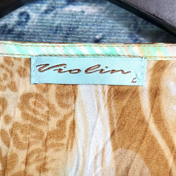 Violin | Gypsy Boho Prairiecore Abstract Print Crinkle Texture Faux Wrap Top - Picture 2 of 10